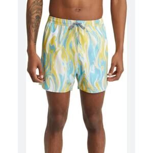 Open Edit Men's Yellow/Blue Swirl Recycled Volley Swim Trunks XL NWT